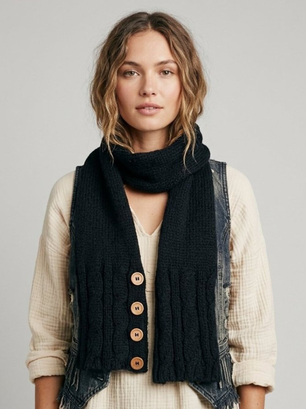 Black Chunky Ribbed Knit Scarf Decorative Buttons Long Winter Boho Wrap